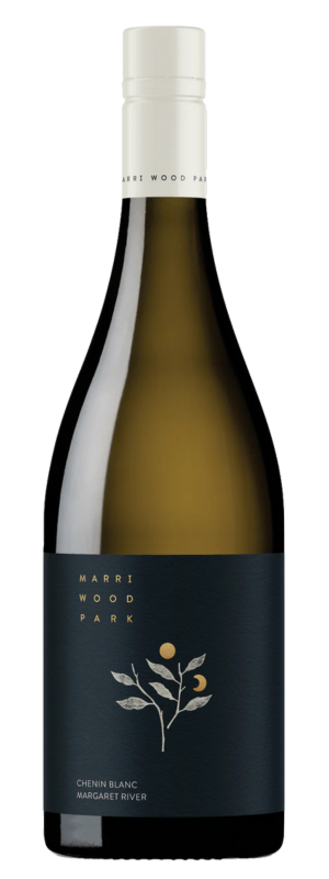A bottle of Marri Wood Park Chenin Blanc 2023 with a dark blue label, featuring a minimalist branch with leaves and fruit, white text, and a white cap.