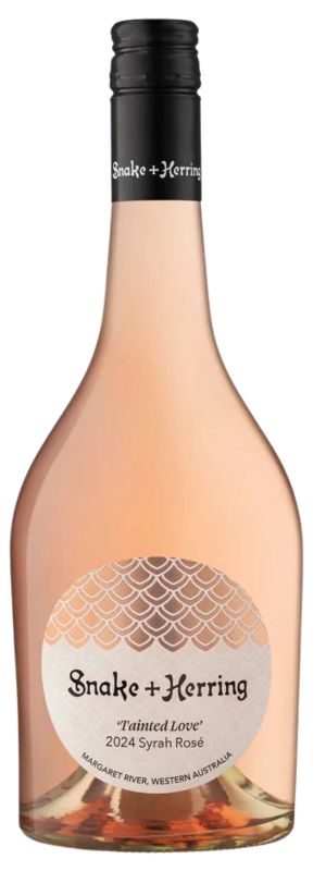 A bottle of Snake and Herring Tainted Love Rosé 2024, with a pale pink hue and fish scale label, is perfect for summer sipping and lovers of European-style wine.