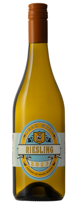 A bottle of Yeah Wine Small Batch Riesling 2023 with a brown screw cap, blue and gold label featuring a lion crest, and text noting “Yeah Wine,” “Riesling,” and its origin from Great Southern’s Mt Barker vineyard.