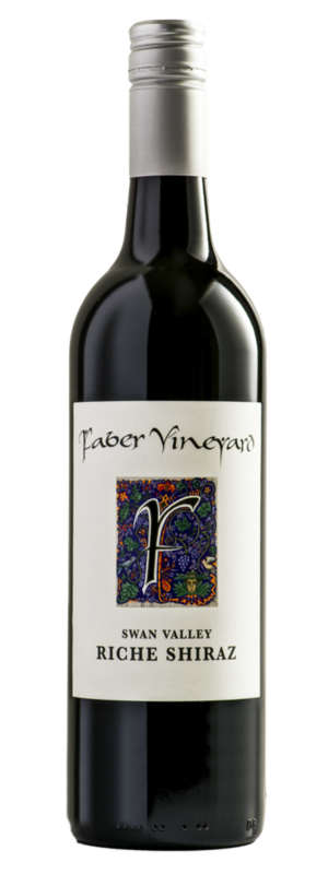 A bottle of Faber Richie Shiraz 2023 with a silver cap and white label featuring a colorful abstract design and black text, ideal for fans of richly fruited, medium-bodied red wines.