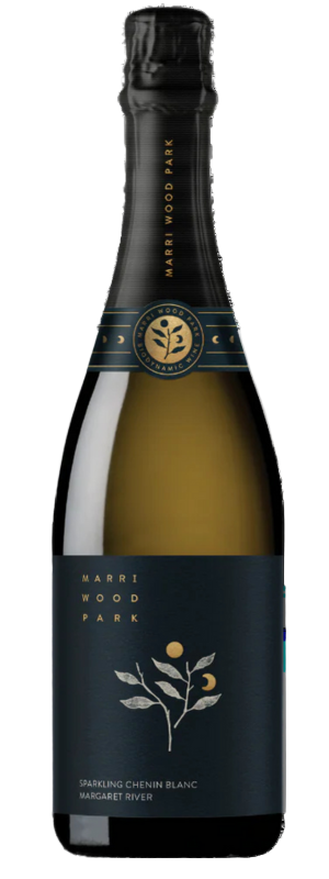 A bottle of Marriwood Park Sparkling Chenin NV from Margaret River, with a dark navy label, gold accents, and a branch illustration—highlighting its creamy texture and fine bubbles.