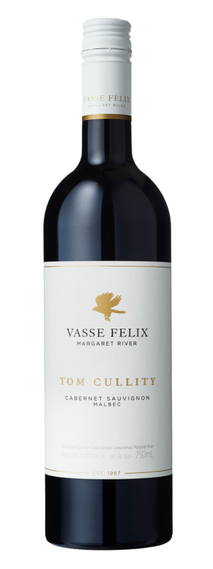 A bottle of Vasse Felix Tom Cullity 2022, featuring black glass, a white label with a gold logo, and a white screw cap.