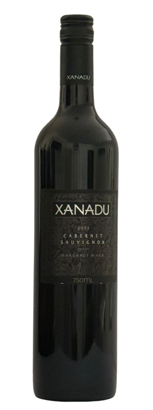 A dark glass bottle of Xanadu Cabernet Sauvignon 2022 stands upright against a plain white background. The black label shows Margaret River and 750 ml, and the bottle is sealed with a screw cap.