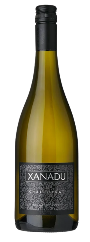 A bottle of Xanadu Chardonnay 2023 with a dark screw cap and an ornate black label displaying the brand name and details in white text.