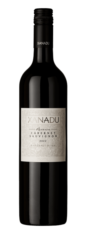 A bottle of Xanadu Reserve Cabernet Sauvignon 2022, featuring a black screw cap and a light gray label with the product name, wine type, and vintage year.