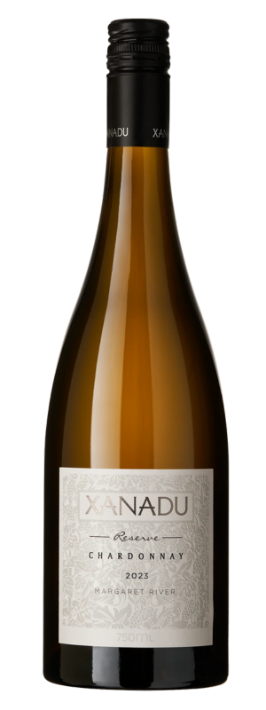 A brown glass bottle with a black screw cap labeled Xanadu Reserve Chardonnay 2023, from Margaret River’s Lagan Estate, is pictured against a plain white background.