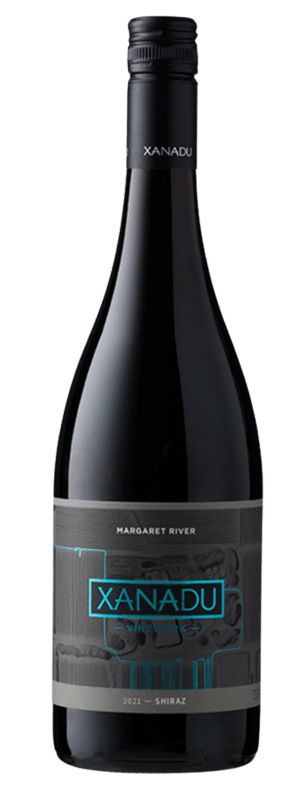 A bottle of Xanadu Vinework Shiraz 2022, featuring a black screw cap and a dark label with blue and silver accents—crafted by expert wine growers for an authentic vineyard experience.