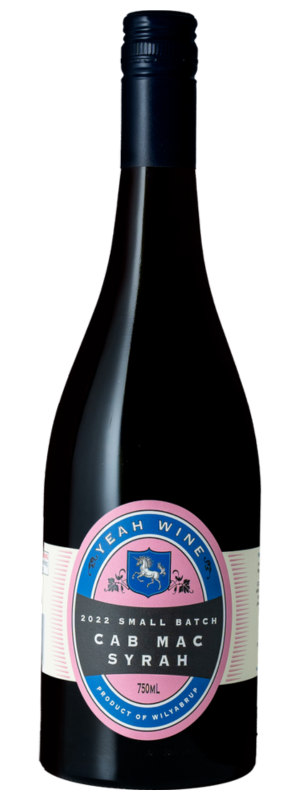 A dark wine bottle with a pink, blue, and white label reads Yeah Wine Cab Mac Syrah 2022, 750ml, Product of Western AU. Made from Bransgrove vineyard fruit, it features a screw cap.