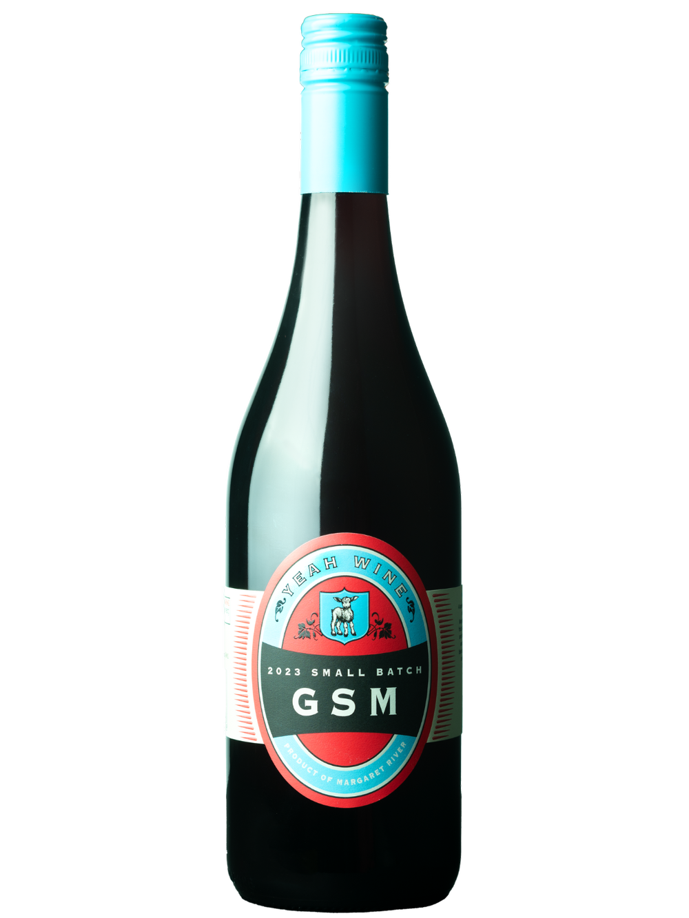 A dark glass wine bottle with a turquoise screw cap and a label reading Yeah Wine Small Batch GSM 2023 in bold, featuring a crest and circular design—an Aussie GSM crafted in Margaret River.