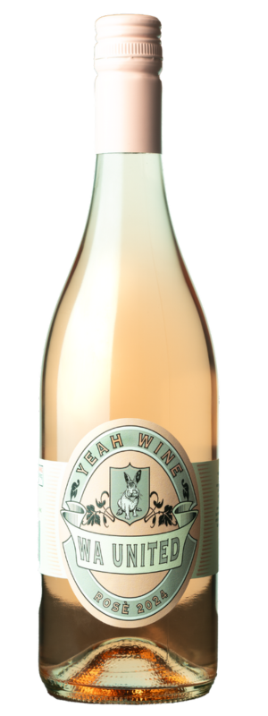 A clear glass bottle of rosé wine with a pale pink cap, labeled Yeah Wine WA United Shiraz (Rose) 2024, featuring a dog above decorative leaves—crafted from select Shiraz grapes from the renowned Green Valley vineyard.